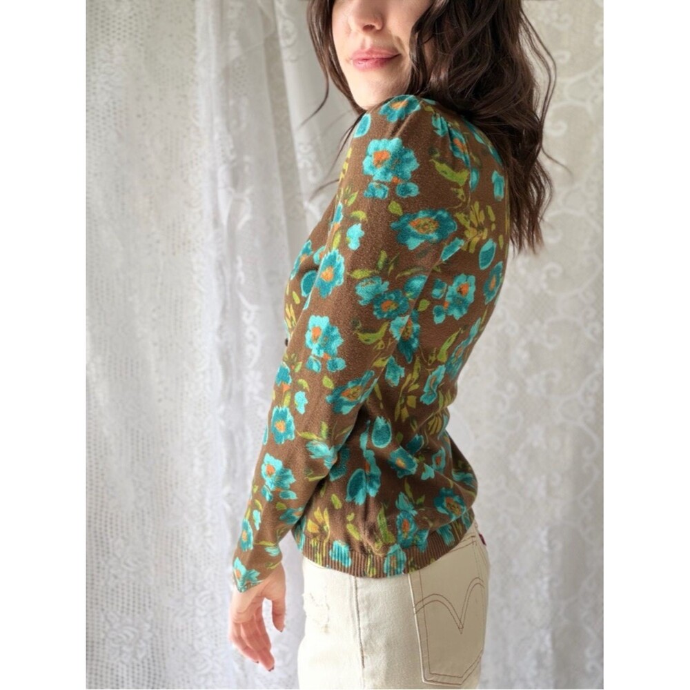 Vintage Style Brown Floral Cardigan Blue Flower Button Front Cottagecore - Picture 9 of 12